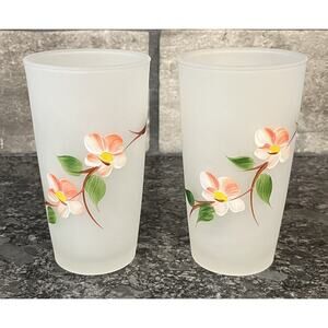(2) Vintage Hazel Atlas Handpainted Cherry Blossom Frosted Drinking Glasses